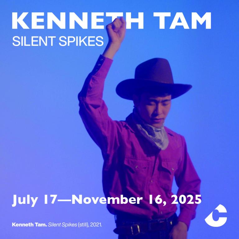 A young man in a cowboy hat, pink shirt, and neckerchief stands with his eyes closed, arm raised in a gesture of expression, against a blue-lit backdrop. White bold text reads: “Kenneth Tam Silent Spikes, July 17—November 16, 2025.