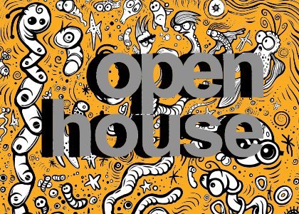 Bold black text reading “openhouse” overlays a bright orange background filled with whimsical black-and-white doodles of eyes, worms, stars, and abstract shapes.