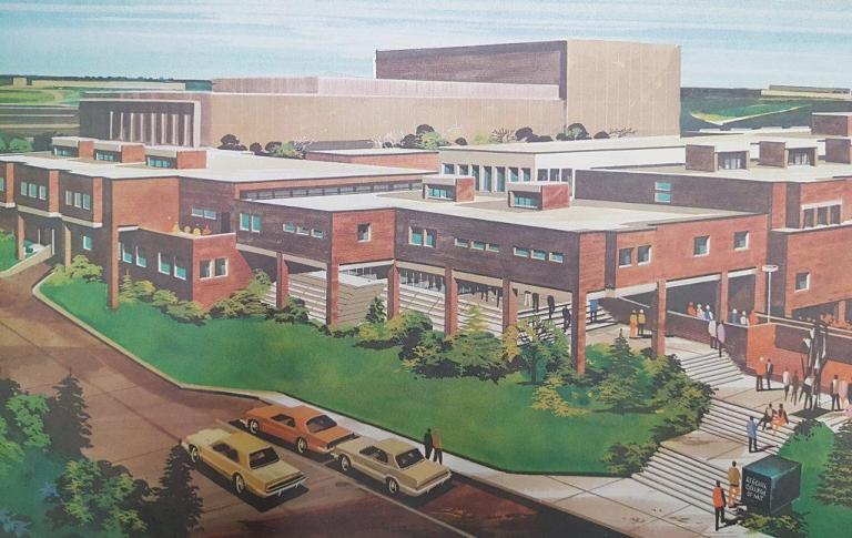 Architectural illustration of the Alberta College of Art and Design by Nelson Macdonald building, showing its brick exterior, stairways, and 1970s-era cars parked out front.