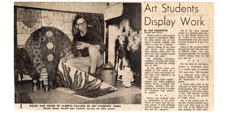 A photo of a newspaper clipping from 1968. The title of the article is "Art Students Display Work" and the photo is of Denis Evans showing off work by AUArts students in the Gunthers Mobilia furniture store showroom